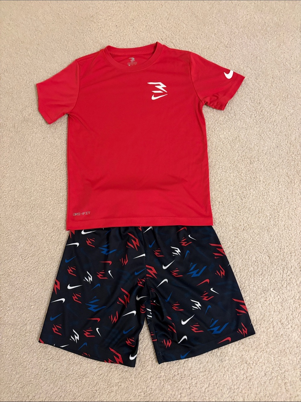 Nike Red Short Sleeve Top with Black Printed Shorts Kids Set